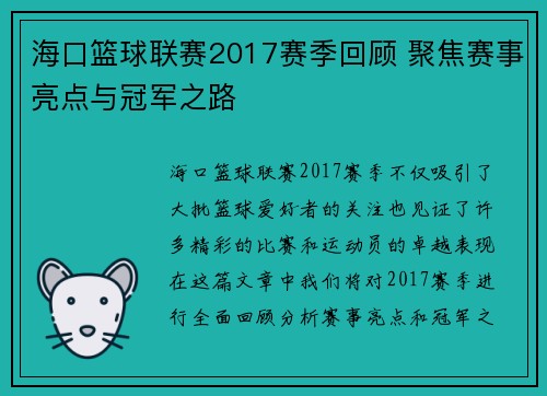 海口篮球联赛2017赛季回顾 聚焦赛事亮点与冠军之路
