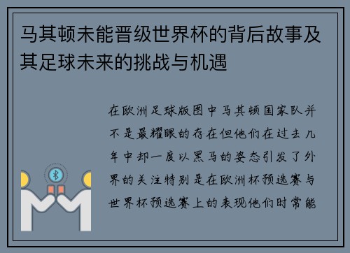 马其顿未能晋级世界杯的背后故事及其足球未来的挑战与机遇 马其顿未能晋级世界杯的背后故事及其足球未来的挑战与机遇