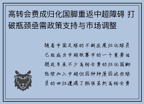 高转会费成归化国脚重返中超障碍 打破瓶颈亟需政策支持与市场调整 高转会费成归化国脚重返中超障碍 打破瓶颈亟需政策支持与市场调整